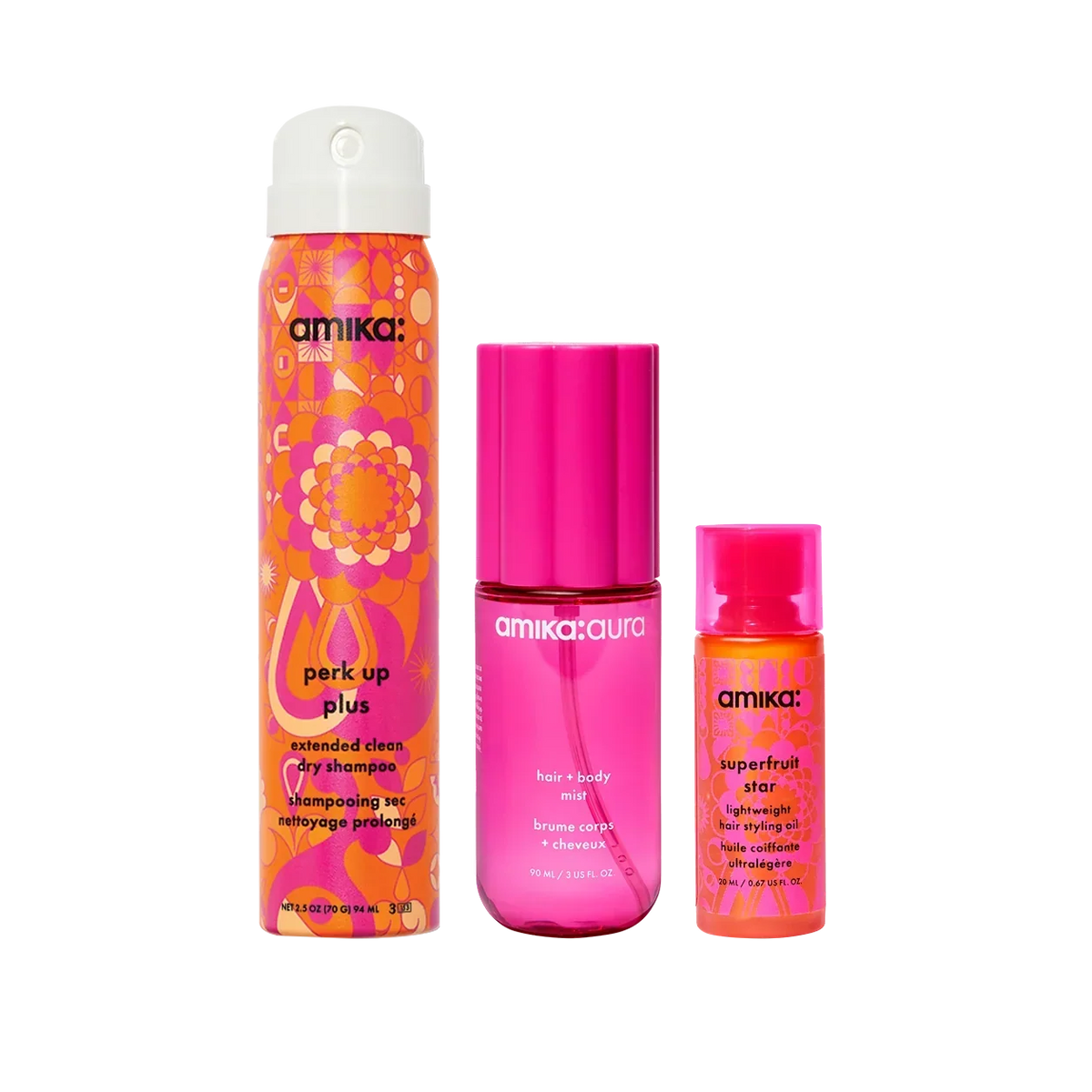 refresh, prep + mist set amika:aura hair + body mist, perk up plus dry shampoo, superfruit star styling oil Main image